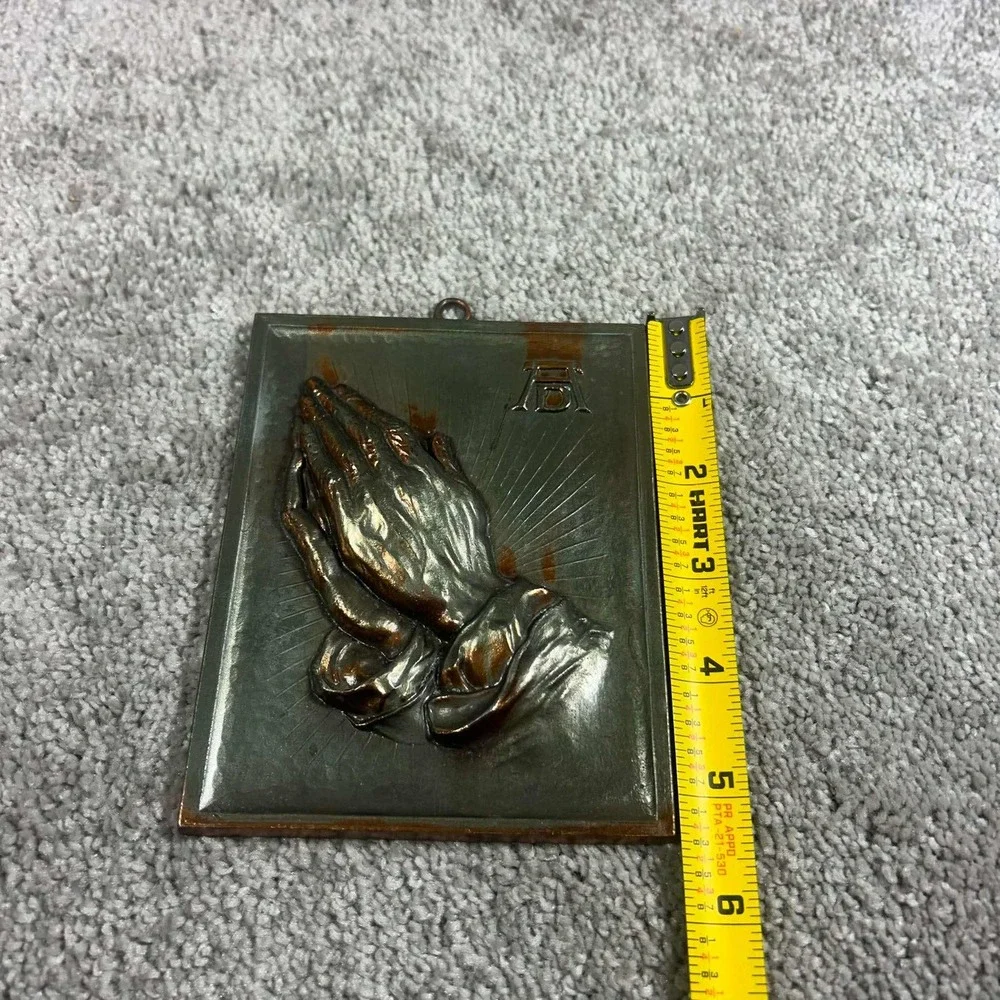 Vintage Praying Hands Metal Wall Plaque Copper Tone Durer Relief Religious Art